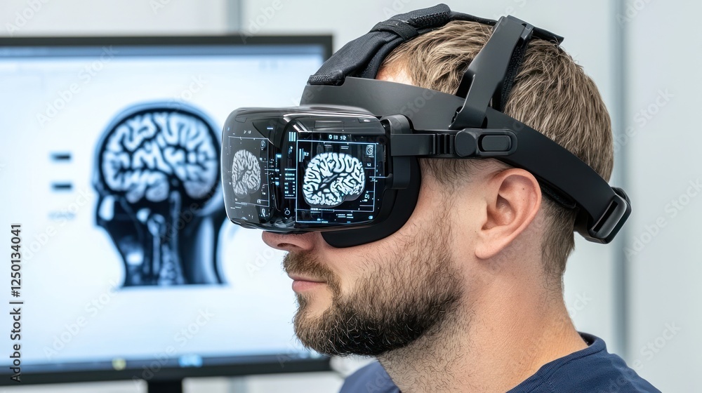 Poster a man is wearing a vr headset while observing a brain scan displayed on a screen behind him, showcas