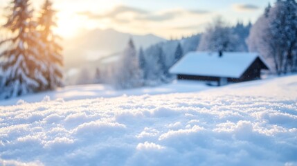 Cozy Winter Scene with Sunlight Glinting on Fresh Snow Near a Cabin in the Mountains : Generative AI