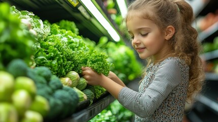 Obraz premium Girl chooses lettuce at supermarket produce section