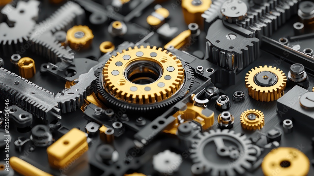 Poster a close-up view of intricate gears and mechanical components, featuring a blend of metallic finishes
