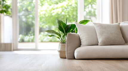Inviting living room scene with a cozy beige couch surrounded by greenery and natural light : Generative AI