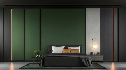 Modern Dark Green & Gray Bedroom Interior Design: 3D Render AI Generated