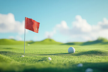 Golf ball on green near red flag.