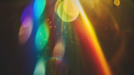 A mesmerizing close-up shot of a rainbow-colored beam of light with soft-focus, cinematic lighting, and bokeh effect during the golden hour. 