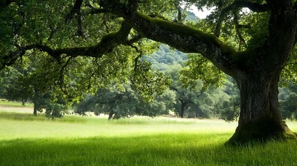 Obraz premium Serene green landscape with majestic oak tree in sunlight embracing nature's tranquility : Generative AI