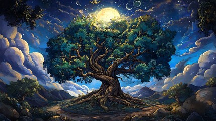 Mystical Night Scene: Digital Painting of an Ancient Tree Under a Full Moon AI Generated
