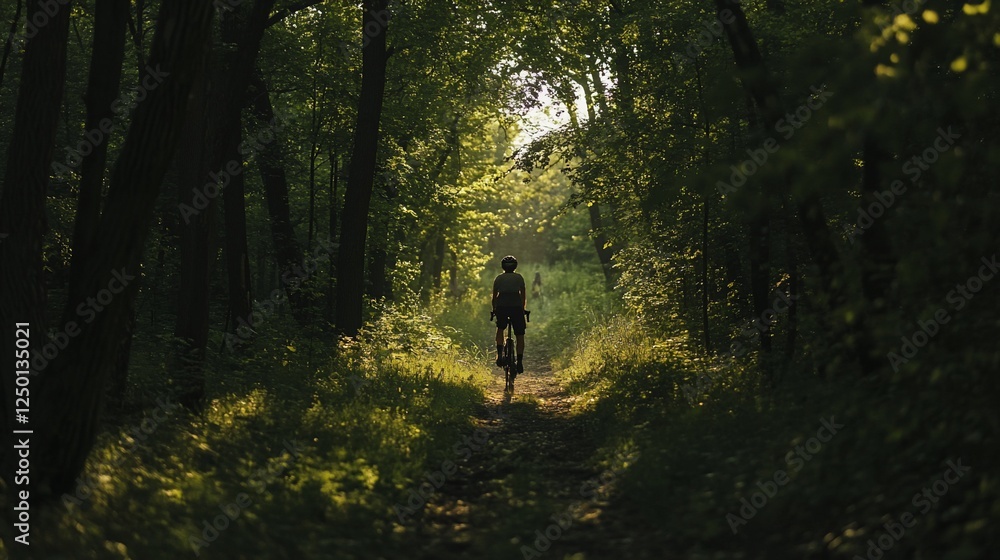 Poster cyclist riding on a forest path, sunlight filtering through trees.