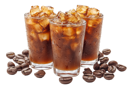 Refreshing iced coffee drinks served in tall glasses with ice cubes, surrounded by coffee beans, perfect for a summer afternoon.