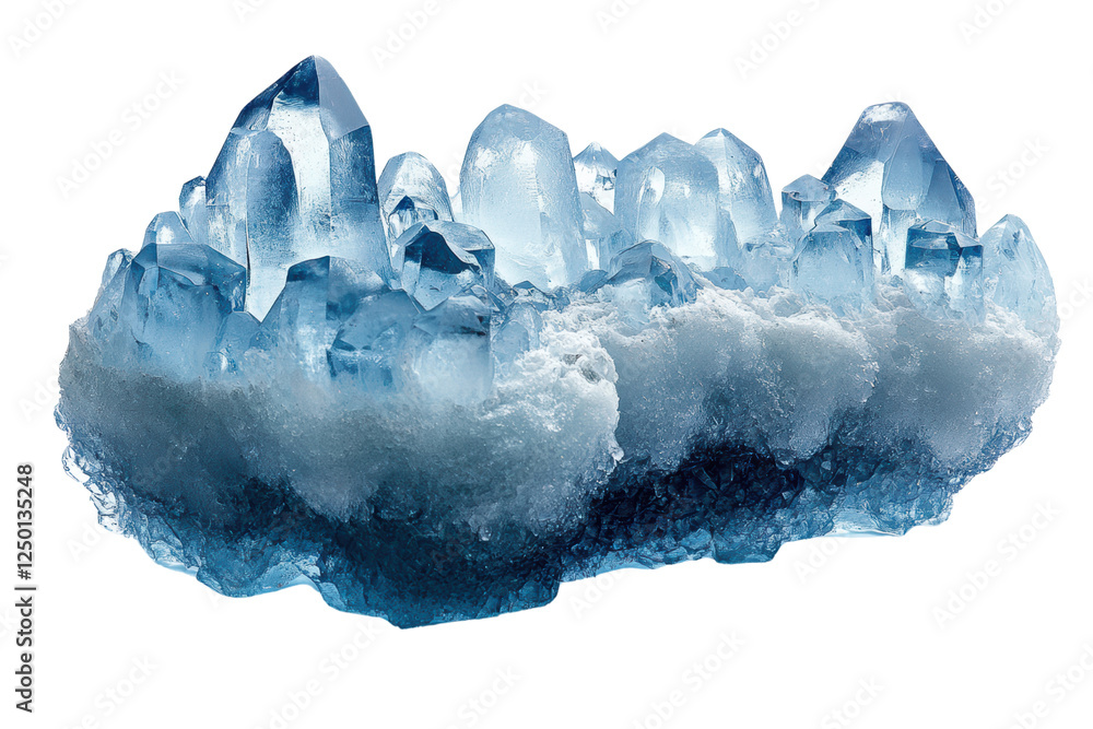 Poster Stunning blue crystal formation showcasing unique textures and mesmerizing colors, perfect for decorative or educational use in various contexts.