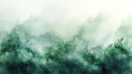 Misty Green Mountains Watercolor Landscape Painting Art Nature Scene fog calm soft trees leaves     