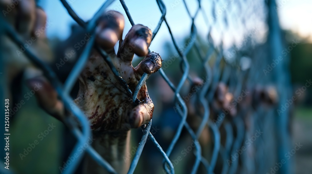 Poster close up of a weathered hand grasping through a chain link fence highlighting desperation and strugg