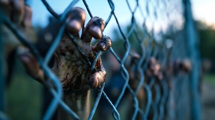 Close up of a Weathered Hand Grasping Through a Chain Link Fence Highlighting Desperation and Struggle : Generative AI