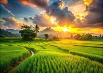 Thailand's countryside awakens: sunlit rice fields, a breathtaking rural panorama at dawn.
