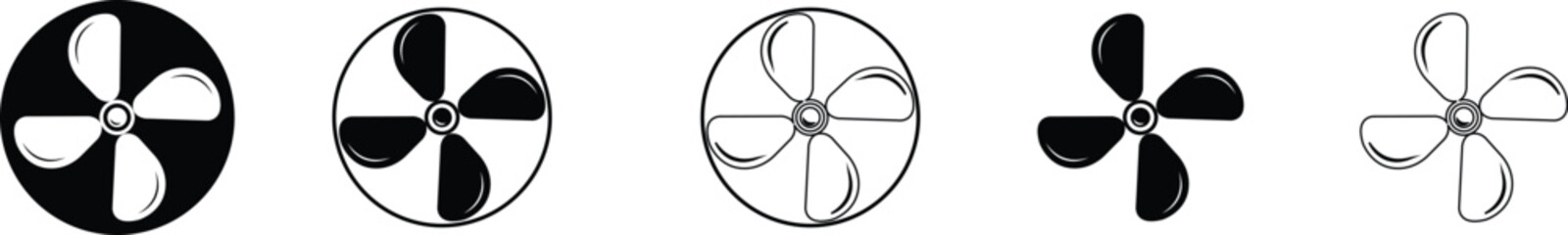 Electric fan icons set. Air conditioning heating and cooling black fan bicolor line and flat vector collection isolated on transparent background. Wind symbol , cold temperature design concepts.