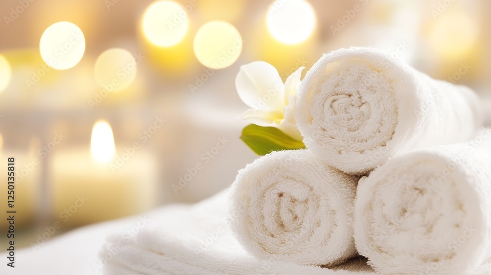 Poster Serene spa setup with rolled towels and candles for relaxation and wellness : Generative AI