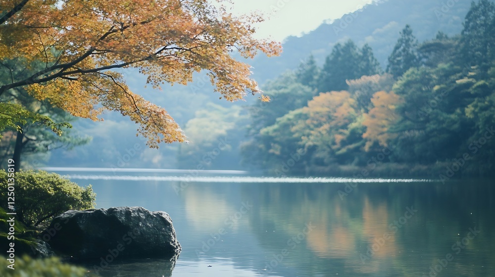 Poster serene autumn landscape with colorful trees reflecting on calm lake water : generative ai
