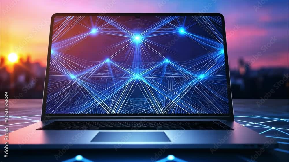 Poster a laptop displaying a network or digital design against a colorful sunset backdrop.