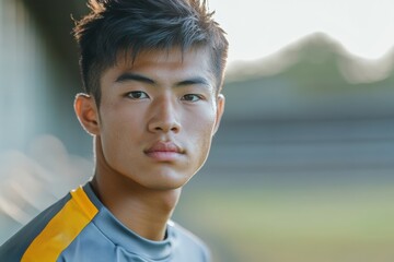 Asian soccer player wearing a blue jersey is captured in a brightly lit stadium, with the grand scale of the arena accentuating his intensity.