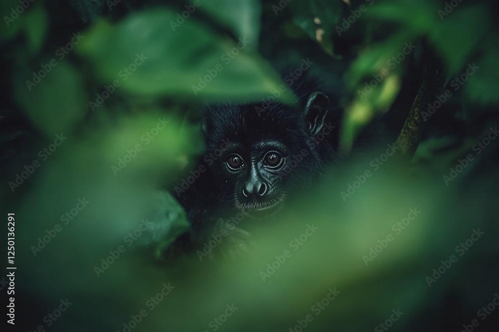 Poster A curious black ape partially hidden amongst lush green foliage, its eyes peering inquisitively.