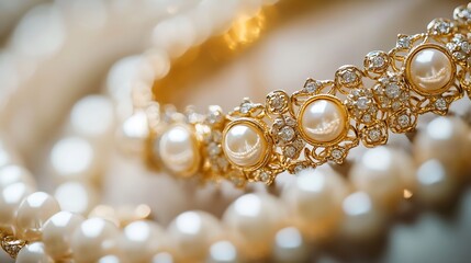 Glamorous Close-Up of Pearl Jewelry with Intricate Gold Detailing : Generative AI