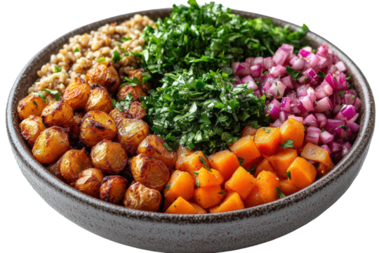 This vibrant bowl features a colorful assortment of roasted vegetables, grains, and fresh herbs, creating a healthy and appetizing meal option.