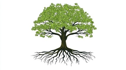 Lush green tree, strong roots, white background, nature illustration, website design (1)