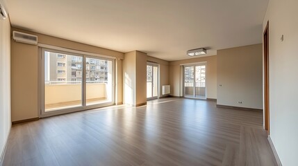Fototapeta premium Bright and Spacious Empty Living Room with Large Windows and Modern Architecture Design : Generative AI