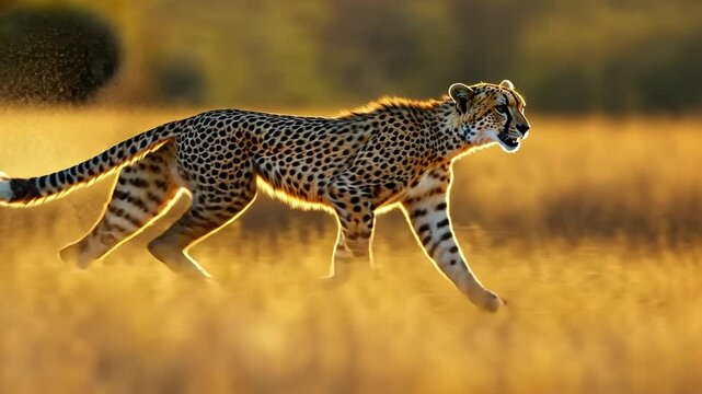 Astounding cheetah sprinting at full speed across the dusty desert with intense focus.