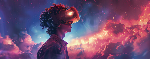 Silhouette of person in virtual reality headset against cosmic sunset sky. VR gaming and metaverse concept. Digital art for Christmas, New Year, Cyber Monday and Black Friday