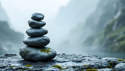 zen, stones, tall, stack, moss, rugged, surfaces, rocky, ledge, mountain, mist, thick, blurred, foggy, background, diffused, natural, light, photorealistic, detail, serene, tranquil, harmony, peaceful