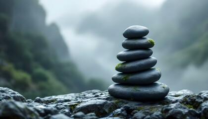 zen, stones, tall, stack, moss, rugged, surfaces, rocky, ledge, mountain, mist, thick, blurred, foggy, background, diffused, natural, light, photorealistic, detail, serene, tranquil, harmony, peaceful