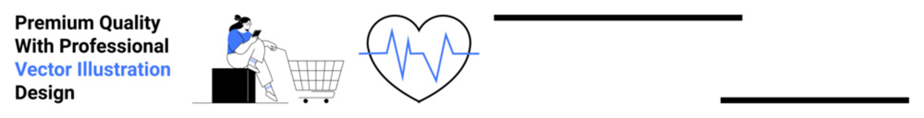 Person pushing shopping cart, heartbeat monitor in heart shape. Ideal for e-commerce, healthcare, fitness, lifestyle, online shopping, wellness digital platforms. Flat landing page banner