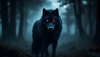 Black Wolf Glowing Eyes Dark Forest Night