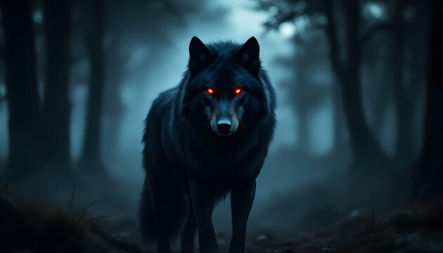 Black Wolf Glowing Eyes Dark Forest Night