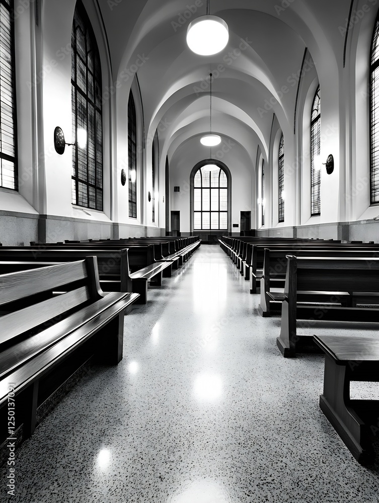 Aufkleber Stunning interior view of a church hall with elegant architecture sleek benches and bright open windows creating a serene atmosphere : Generative AI