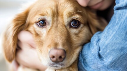 Close-up portrait of a golden retriever dog being cuddled by a person with affection : Generative AI