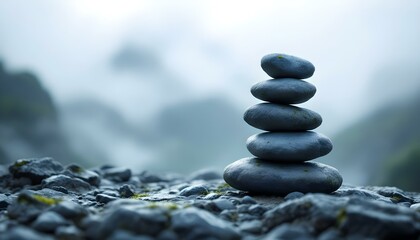 zen, stones, tall, stack, moss, rugged, surfaces, rocky, ledge, mountain, mist, thick, blurred, foggy, background, diffused, natural, light, photorealistic, detail, serene, tranquil, harmony, peaceful