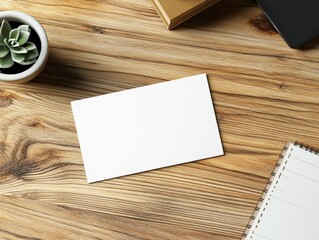 Blank postcard mockup on wooden desk with succulent, notebook, and phone.