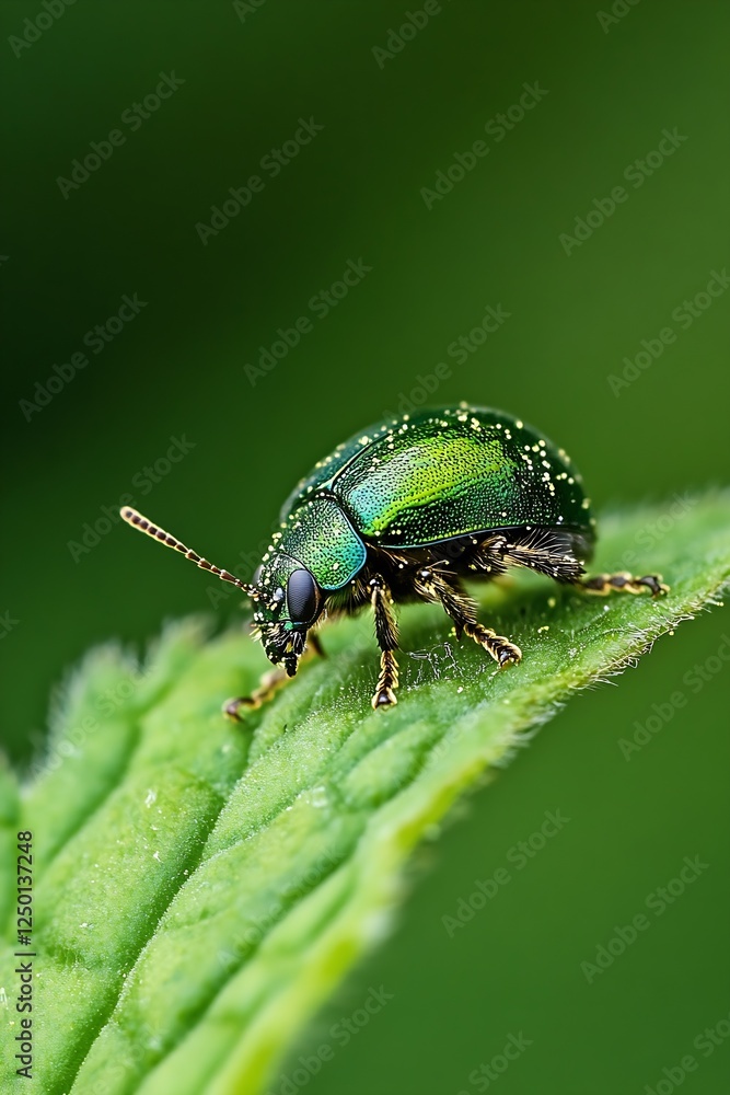Poster close up of vibrant green beetle crawling on leaf with soft green background : generative ai