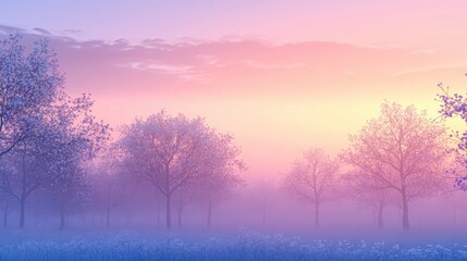 Serene Spring Dusk Background with Soft Pastel Sky, Silhouetted Blossoming Trees, and Gentle Fading Sunlight