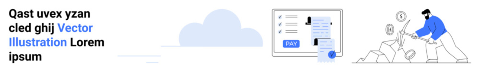 Man breaking rocks with tools, digital form on screen, and cloud in background. Ideal for teamwork, technology, innovation, problem-solving, data, cloud storage abstract line flat metaphor