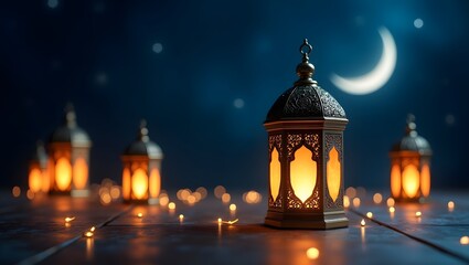 Obraz premium Glowing Ramadan Lanterns: A Mystical Celebration Under a Starry Crescent Moon