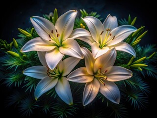Fototapeta premium Three elegant white lilies, stark against a shadowy landscape, viewed from above.