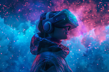 Naklejka premium Person wearing virtual reality headset and headphones against neon cosmic background. VR gaming experience in cyberpunk style for Black Friday, Cyber Monday, Christmas, New Year