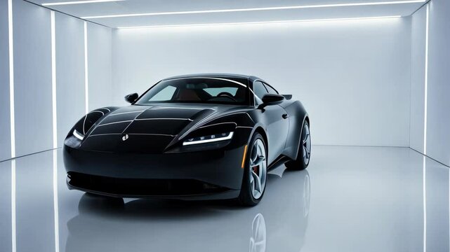 Black sports car rotating on white background