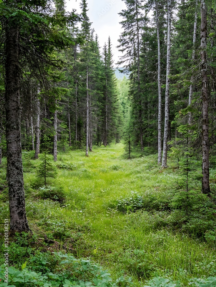 Aufkleber serene forest pathway surrounded by tall trees and lush green grass in summer : generative ai