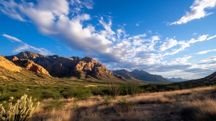 Fototapeta premium Breathtaking Desert Landscape with Sunlit Mountains and Clear Blue Sky : Generative AI