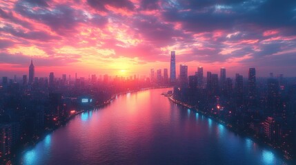 Fototapeta premium A vibrant sunset over a city skyline reflecting on a river.