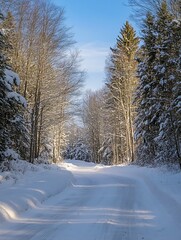 Obraz premium Winter Wonderland Snowy Road Surrounded by Tall Pine Trees : Generative AI