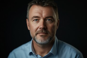 Obraz premium Close-up portrait of a man with blue eyes and a beard, wearing a light blue shirt. Ideal for corporate, professional, or leadership themes.